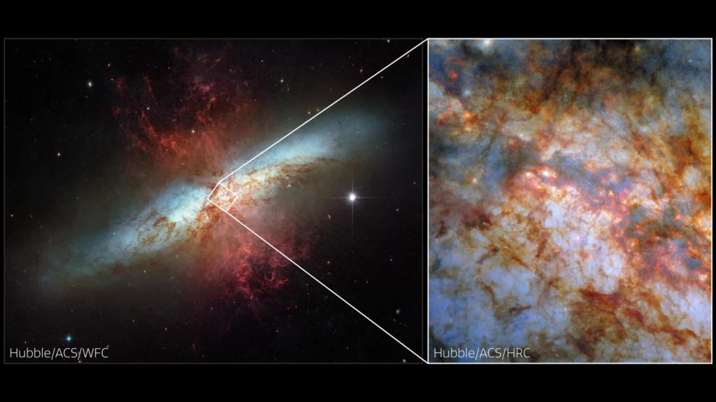 Hubble Revela o Coração Ardente da Galáxia do Cigarro Hubble Revela o Coração Ardente da Galáxia do Cigarro