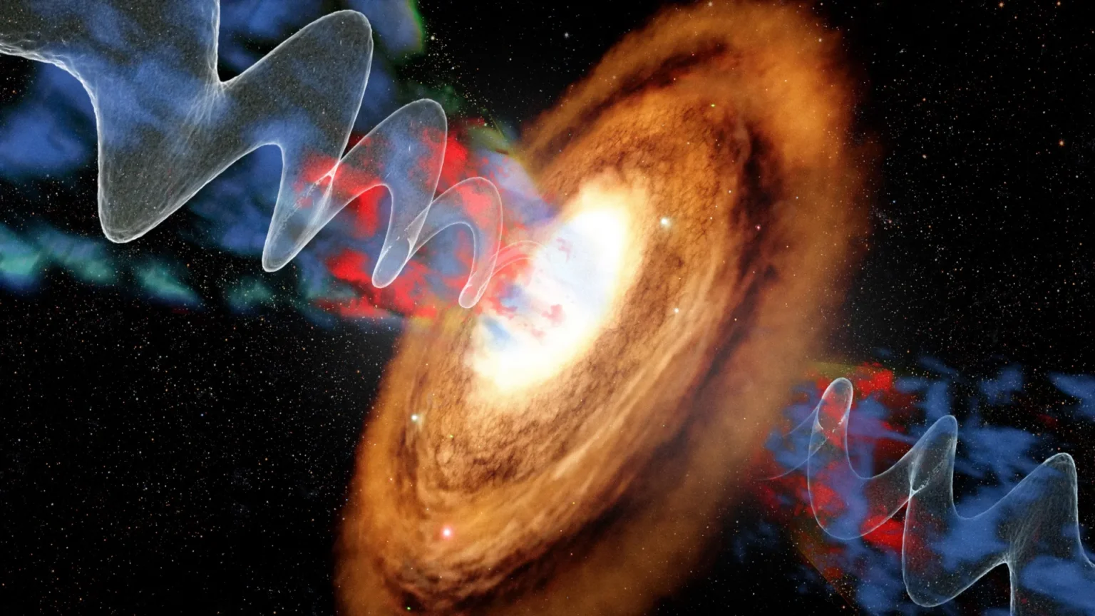 Um jato de buraco negro oscilante está despojando uma galáxia de gás formador de estrelas Um jato de buraco negro oscilante está despojando uma galáxia de gás formador de estrelas